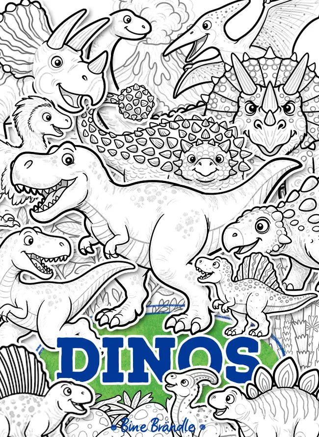 Dinosaurier Malbilder mit vielen Dinos, ideal für kreative Ausmal-Abenteuer in einer Dino-Welt.