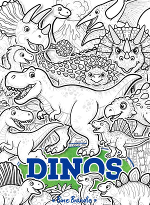 Dinosaurier Malbilder mit vielen Dinos, ideal für kreative Ausmal-Abenteuer in einer Dino-Welt.