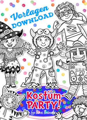 Kostümparty mit verschiedenen Figuren und Download-Vorlagen für eine bunte Kostümparty.