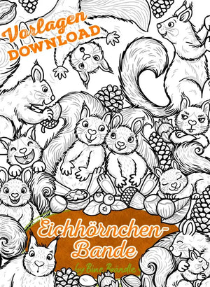 Eichhörnchenbande Ausmalvorlagen mit vielen Eichhörnchen und Pflanzen auf einem Cover