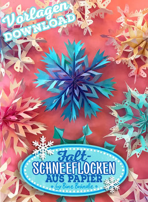 Falt Schneeflocken aus Papier mit bunten, gefalteten Schneeflocken auf rosa Hintergrund in digitaler Vorlage.