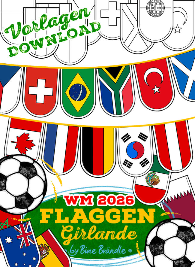 WM 2026 Flaggen Girlande mit bunten Flaggen und Fußballmotiven zum Ausdrucken und Dekorieren.