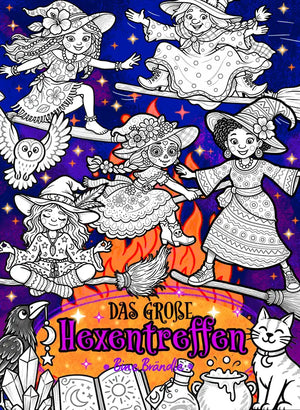 Das große Hexentreffen – Ausmalbild mit Hexen, Eule, Katze und magischen Elementen auf einem bunten Hintergrund.