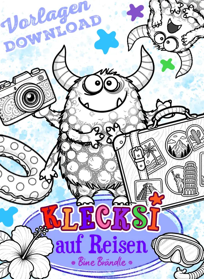 Klecksi geht auf Reisen - Illustration von einem lustigen Monster mit Koffer, Kamera und kreativen Elementen für den kostenlosen Download.