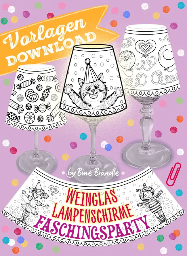 Weinglas Lampenschirme Fasching & Karneval Vorlage zum Ausdrucken für eine bunte Tischdeko.