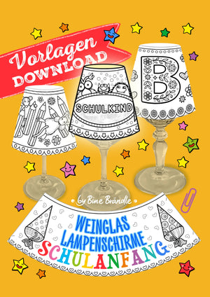 Weinglas Lampenschirme Schulanfang – bunte Vorlagen für die Tischdeko zur Einschulung im Download.