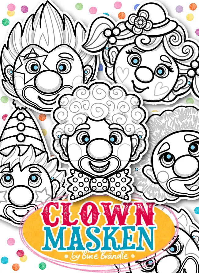 Clown Masken - Bunte Ausmalbilder von Clowns in verschiedenen Designs für kreativen Spaß und Maskenbasteln.