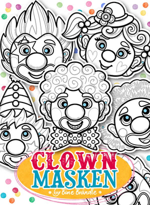 Clown Masken - Bunte Ausmalbilder von Clowns in verschiedenen Designs für kreativen Spaß und Maskenbasteln.