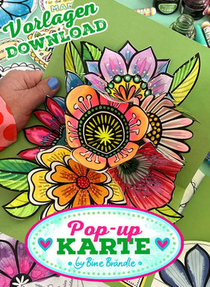 Pop-Up Karte Blumenstrauß mit bunten Handzeichnungen und floralem Design, ideal für kreative Bastelideen.