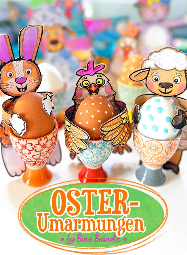 Oster-Umarmung Bastelvorlagen mit bunten Hasen, Küken und Eierhaltern für kreative Aktivitäten.