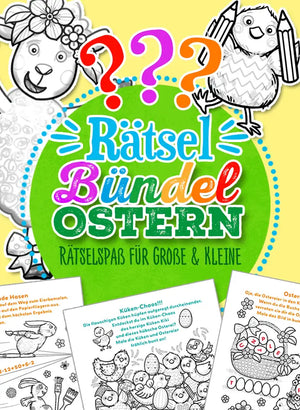 Rätselspaß Oster Bündel – bunte Illustrationen von Tieren und Rätseln für große und kleine Kinder.