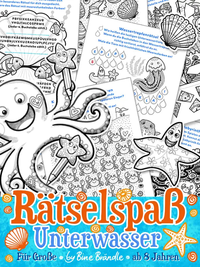 Unterwasserwelt Rätselheft mit bunten Bildern und kniffligen Rätseln für Kinder ab 8 Jahren.