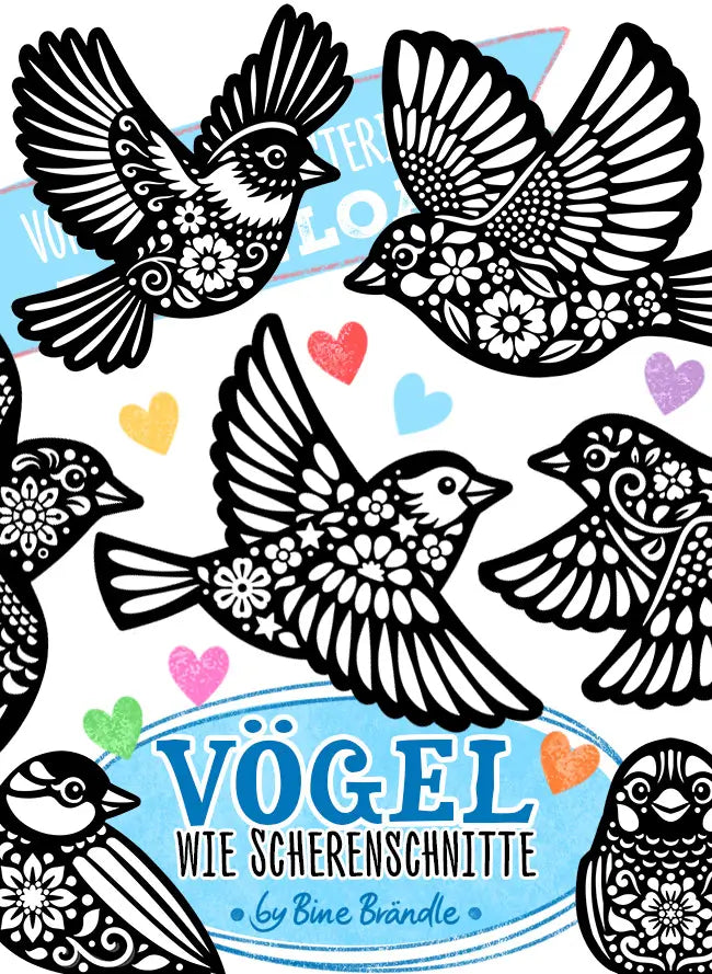 Vögel wie Scherenschnitte - Filigrane Papierkunst mit bunten Herzen, von Bine Bräänle.