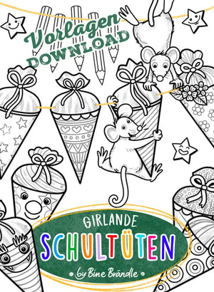 Vorlagen Download für Girlande Schultüten mit bunten Schultüten und Mäusen zum Ausmalen von Bine Brändle.