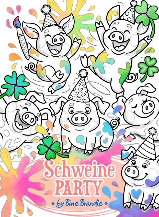 Schweineparty Ausmalbild mit fröhlichen Schweinen, bunten Accessoires und Silvesterhüten für Kinder.