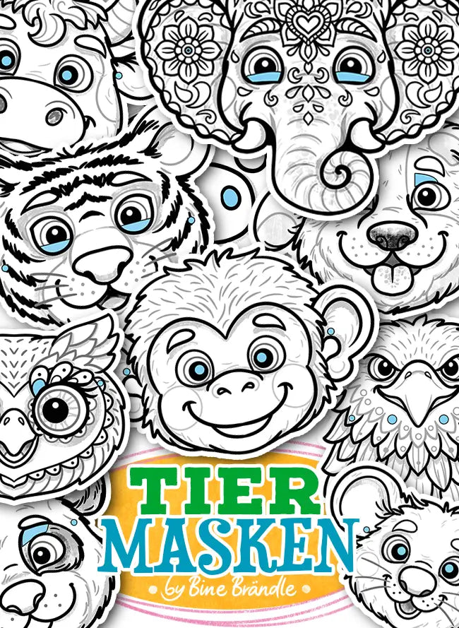Bunte Tiermasken - Animal Masks mit einem Adler, Affen, Bär, Elefant, Eule und mehr - Tiermasken zum Ausmalen.