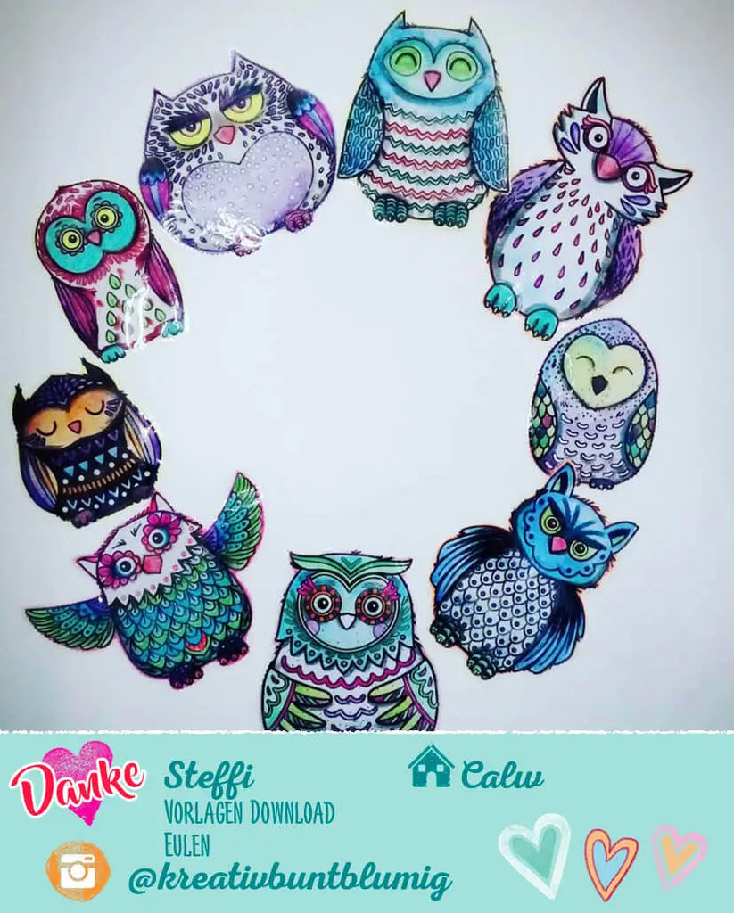 Eulen – Bastelideen mit 9 Eulen-Motiven auf A4 – Bines Shop, image size:823x1024