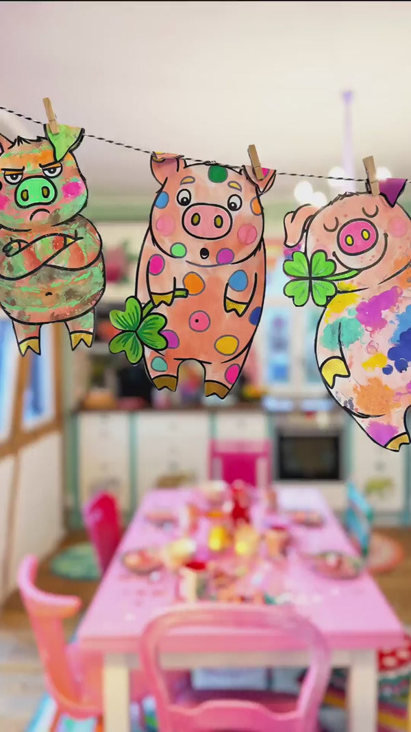 Schweinegirlande mit farbenfrohen Schwein-Motiven und Zubehör für kreative Bastelideen, Vorlagen Download von Bine Brändle.